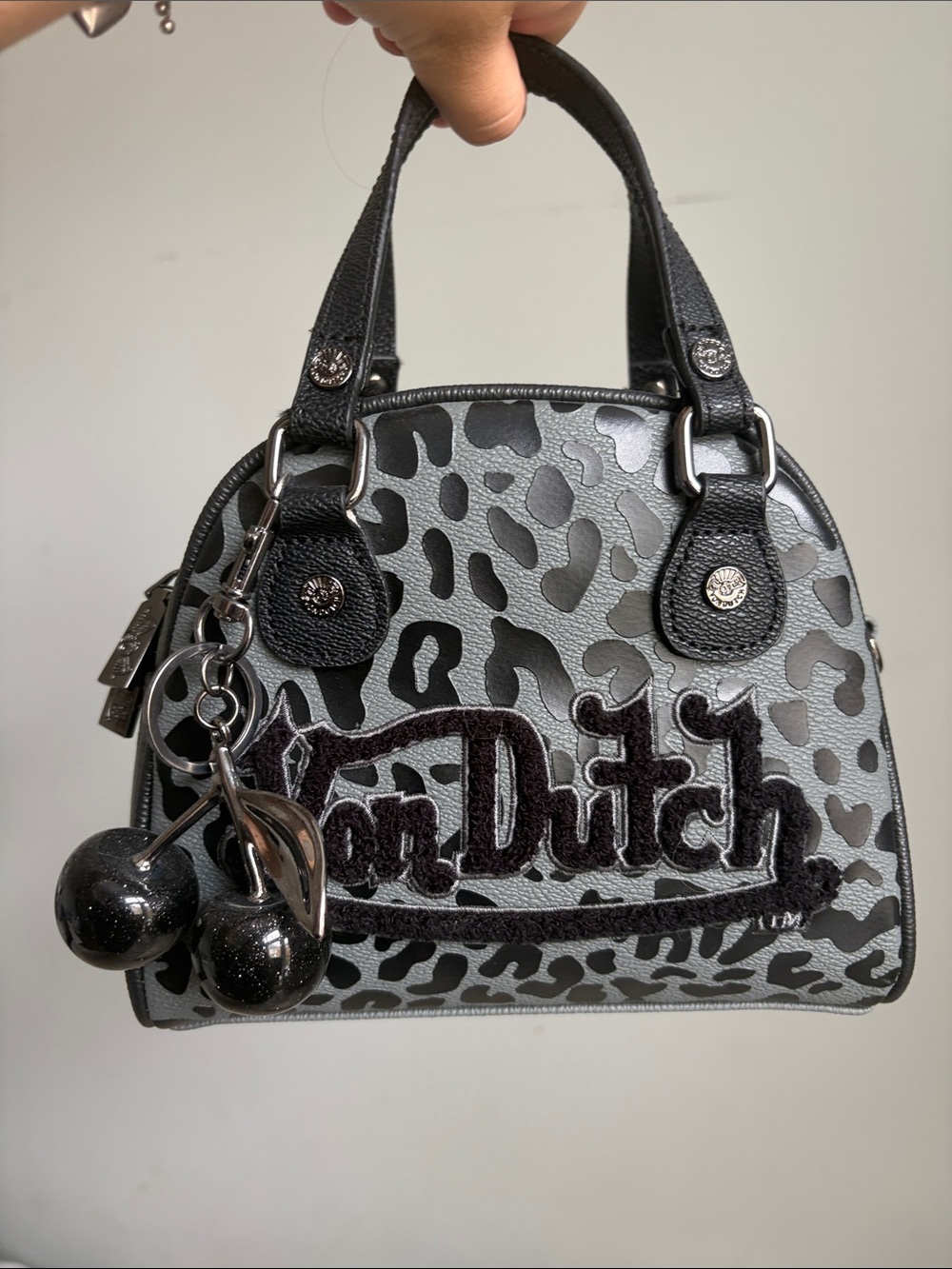 NWOT | Von Dutch Black and Gray Leopard Mini Bowling Satchel with Cherry Charm